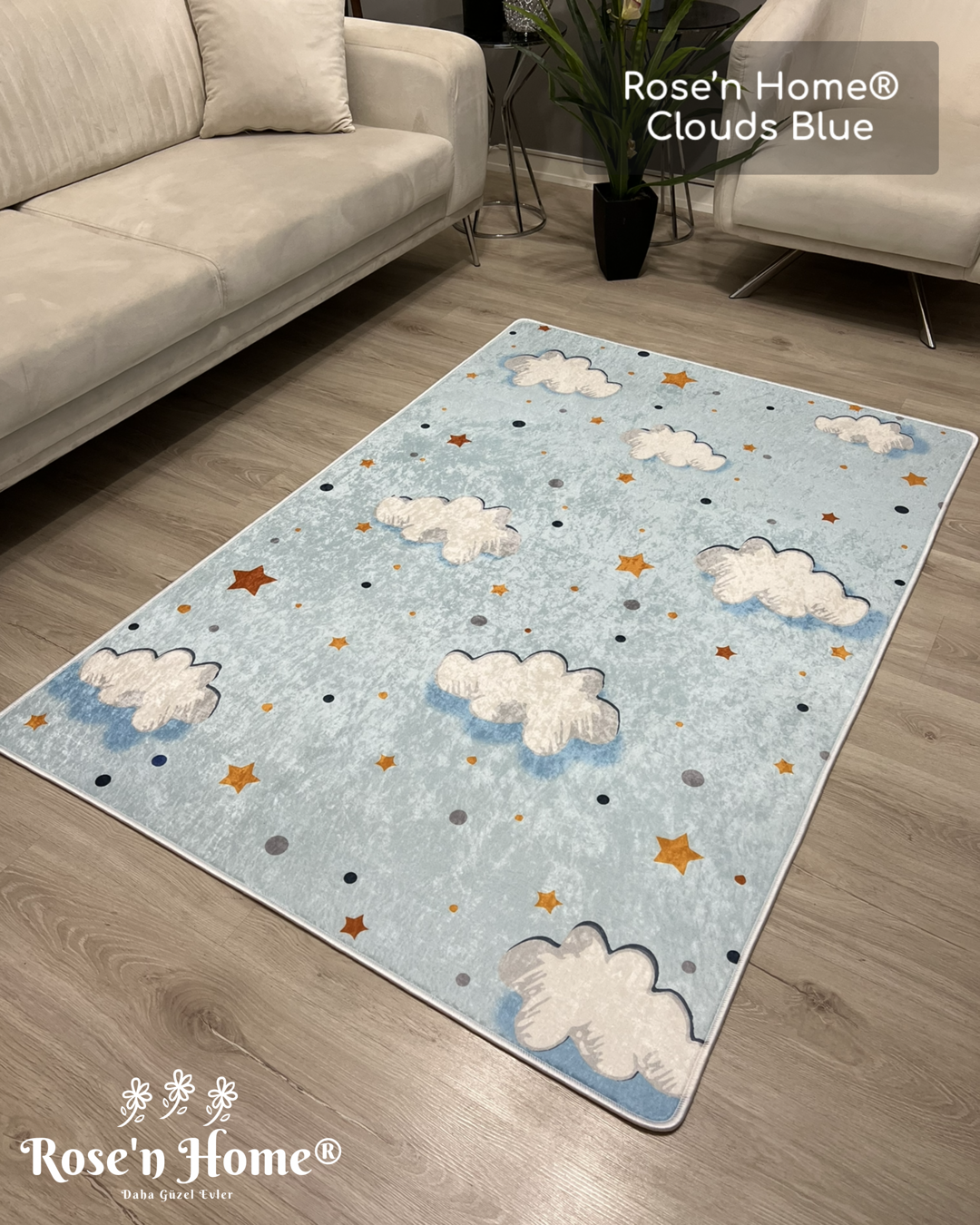 CLOUDS BLUE - Kaymaz Deri Taban Makinede Yıkanabilir Salon Oturma Odası Mutfak Halısı