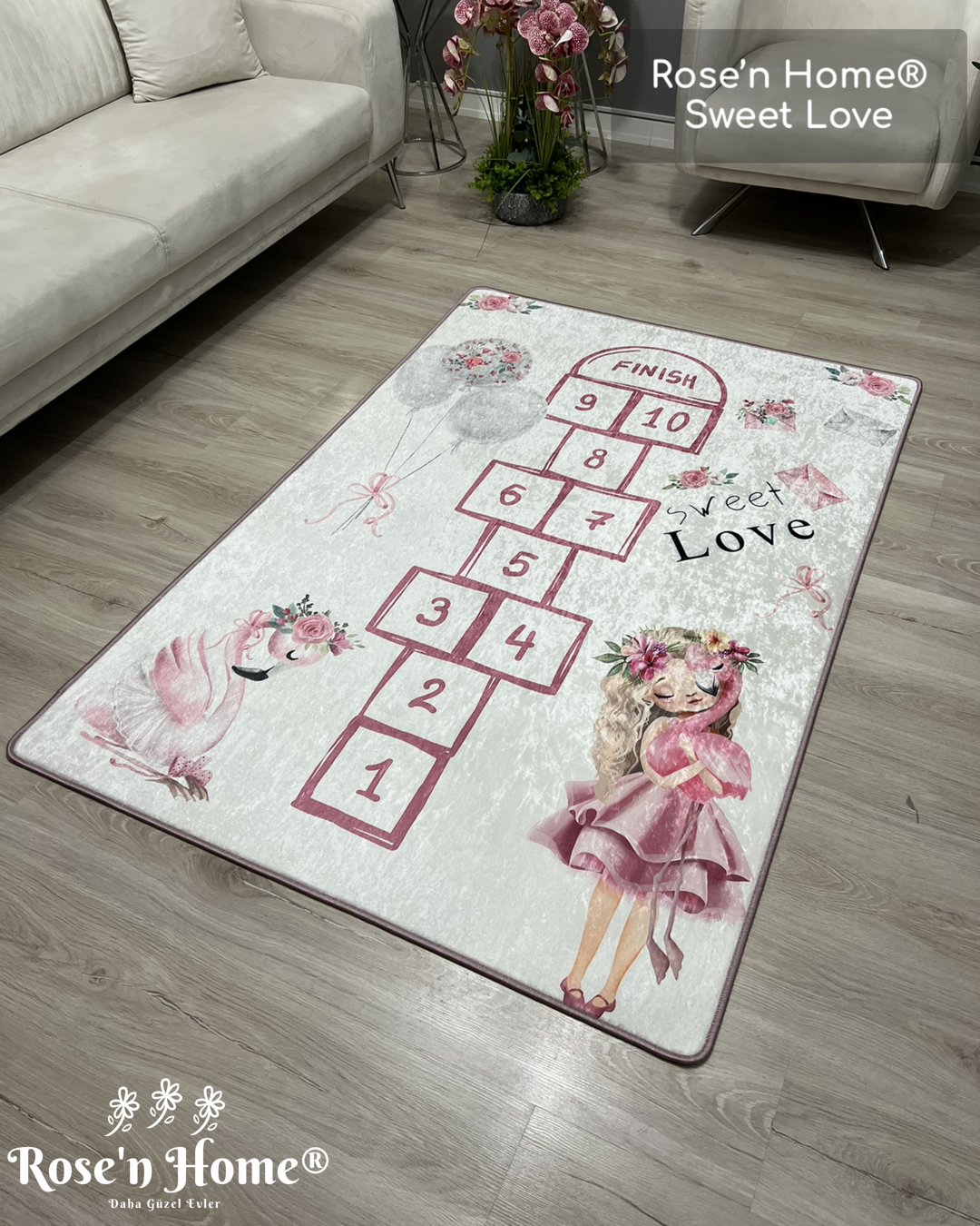 SWEET LOVE - Kaymaz Deri Taban Makinede Yıkanabilir Salon Oturma Odası Mutfak Halısı