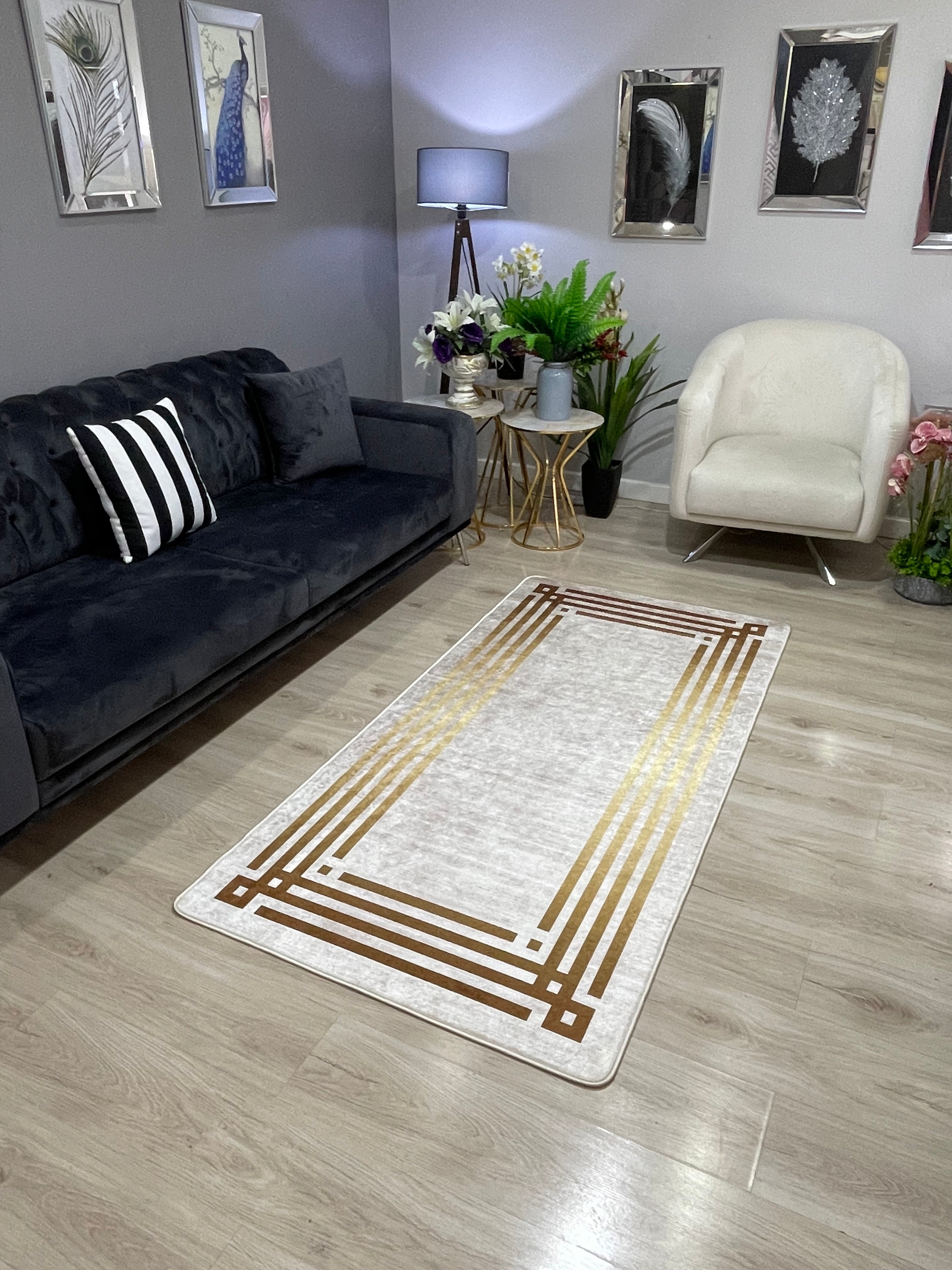 ZÜHRE LİNE GOLD - Kaymaz Deri Taban Makinede Yıkanabilir Salon Oturma Odası Mutfak Halısı