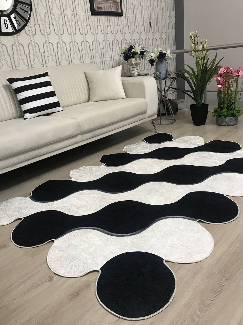 FORM SİYAH BEYAZ - Kaymaz Deri Taban Makinede Yıkanabilir Salon Oturma Odası Mutfak Halısı