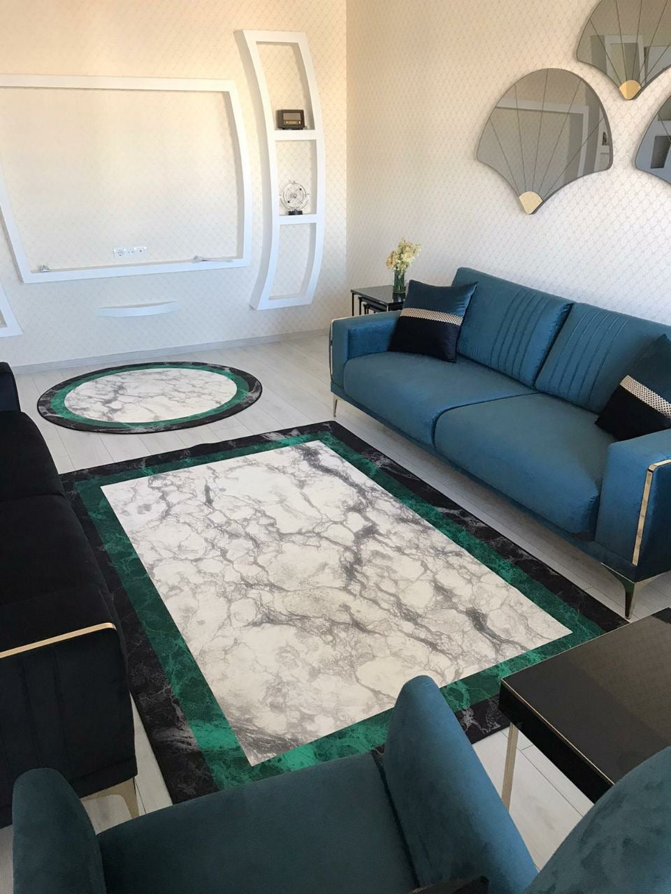 FRAME MERMER YEŞİL - Kaymaz Deri Taban Makinede Yıkanabilir Salon Oturma Odası Mutfak Halısı