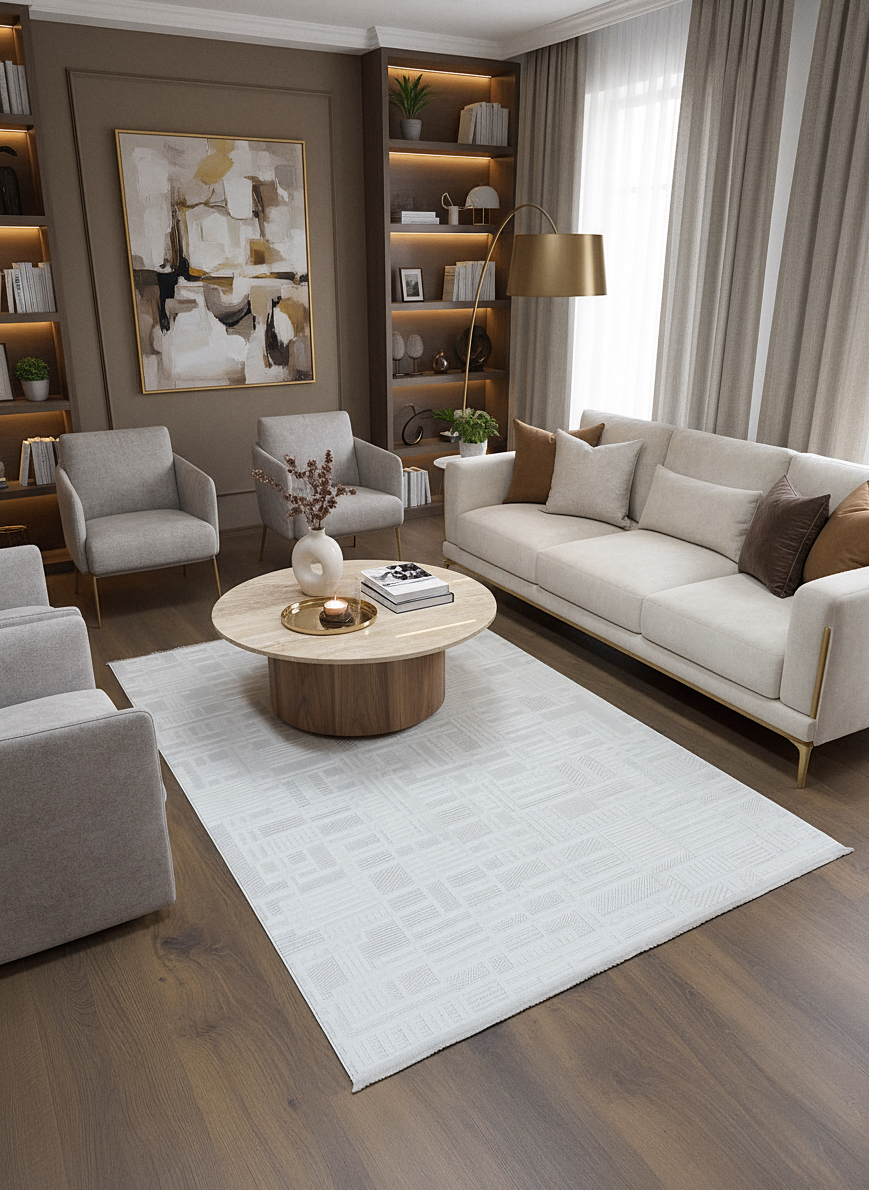 MYRA 448 Krem Geometrik Desenli Modern Salon Mutfak Koridor Balkon Halısı