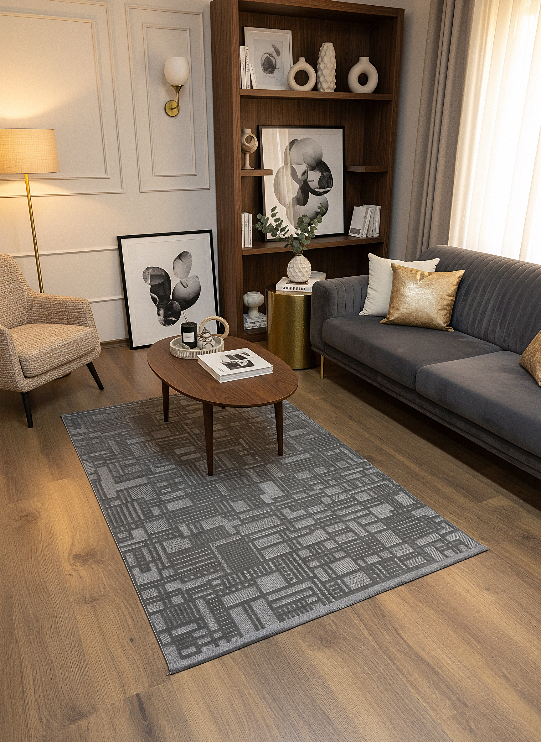 MYRA 448 Antrasit Geometrik Desenli Modern Salon Mutfak Koridor Balkon Halısı