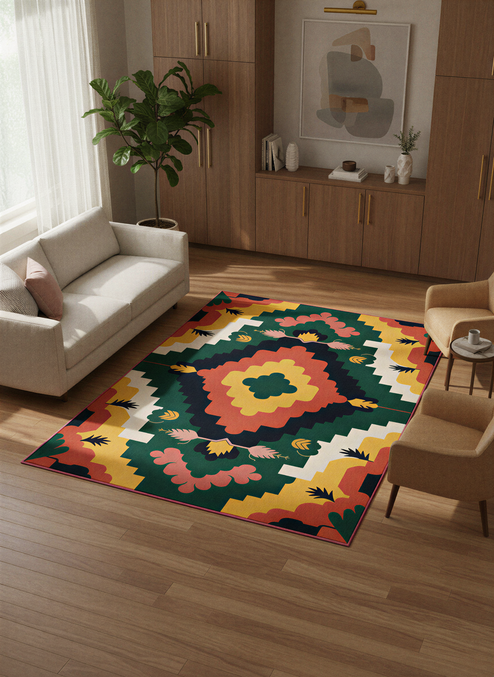Arte HD033 Çiçek Figürlü Renkli Geometrik Desenli Dekoratif Dokuma Halı