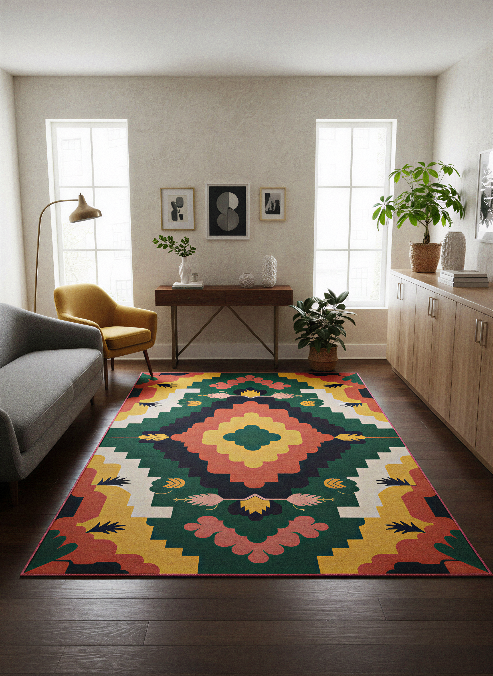 Arte HD033 Çiçek Figürlü Renkli Geometrik Desenli Dekoratif Dokuma Halı
