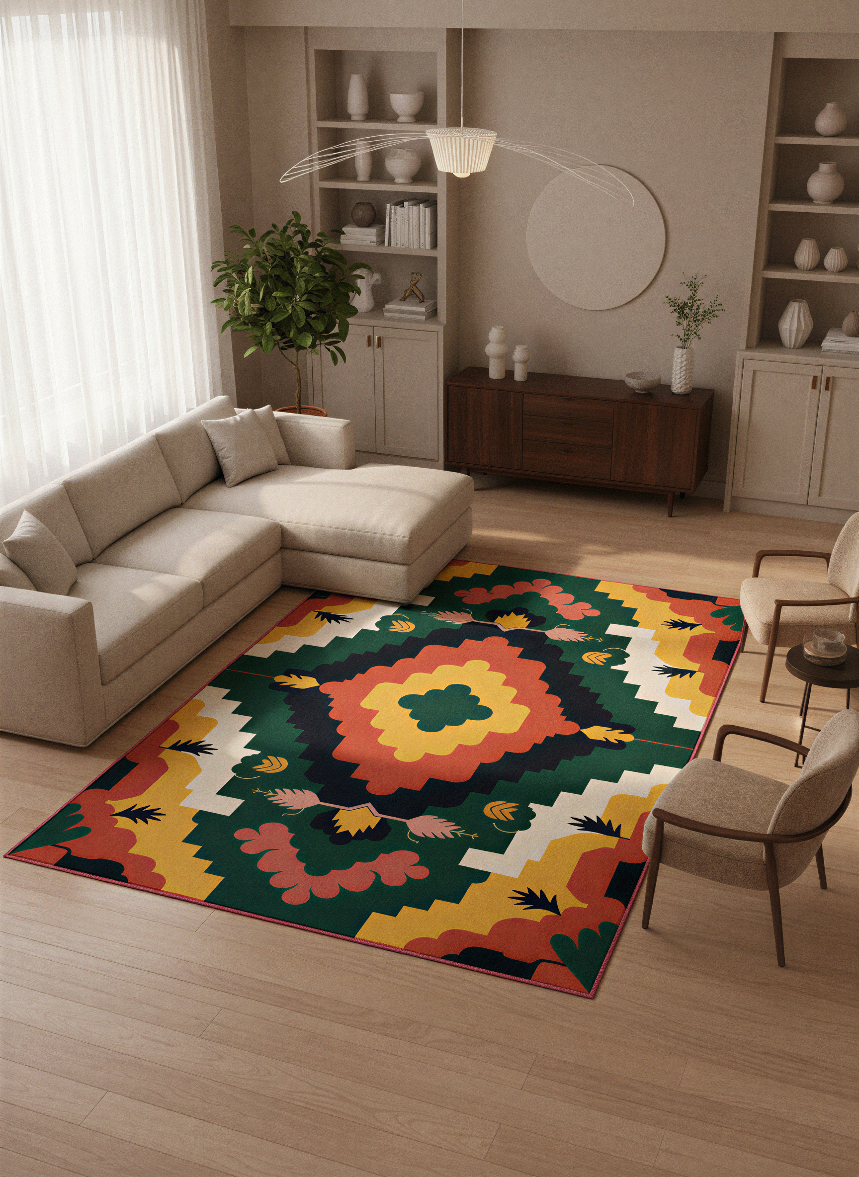 Arte HD033 Çiçek Figürlü Renkli Geometrik Desenli Dekoratif Dokuma Halı