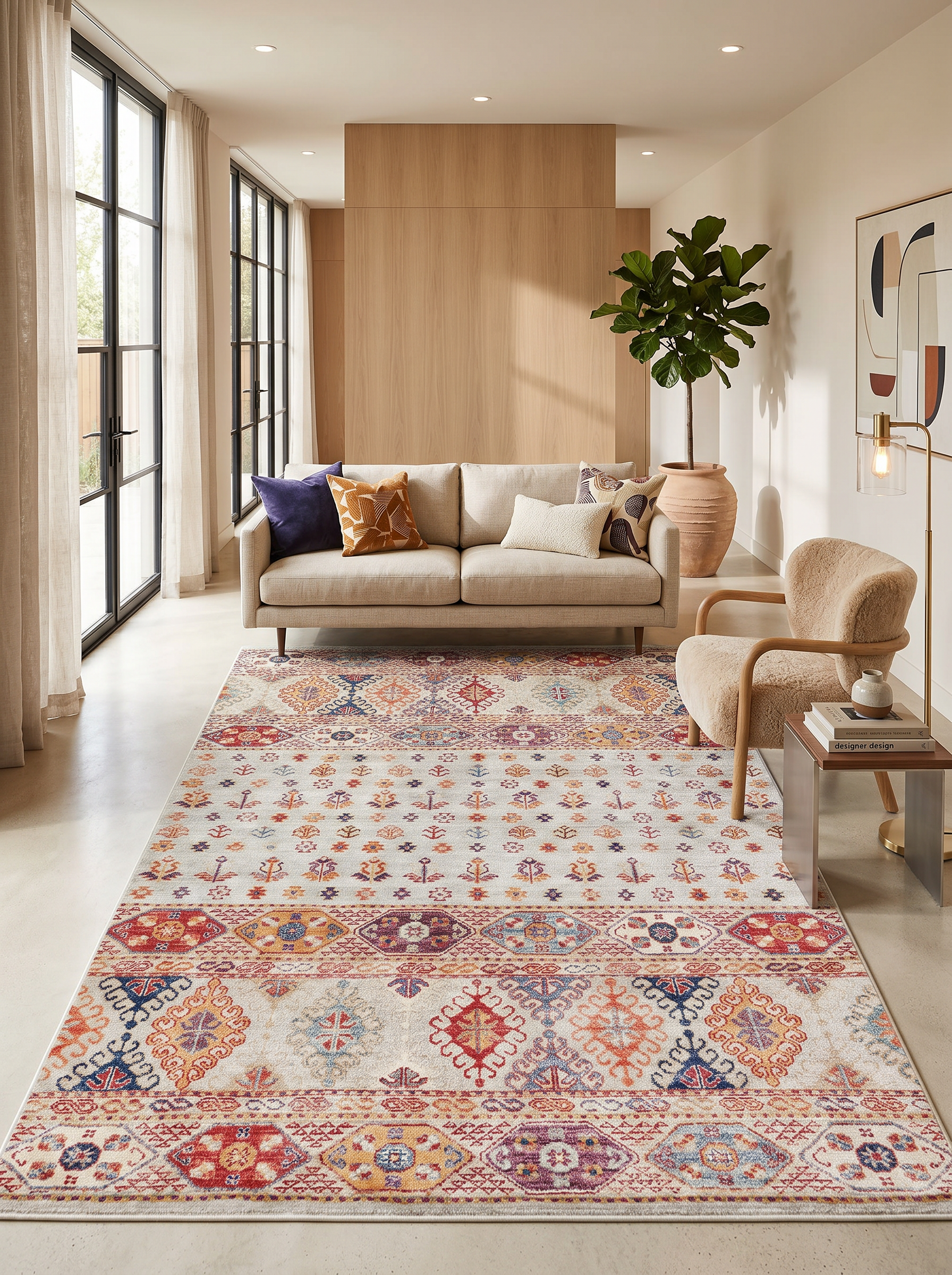 yıkanabilir kaymaz taban şönil dokuma halı 160x230 (4 m²) krem; renkli