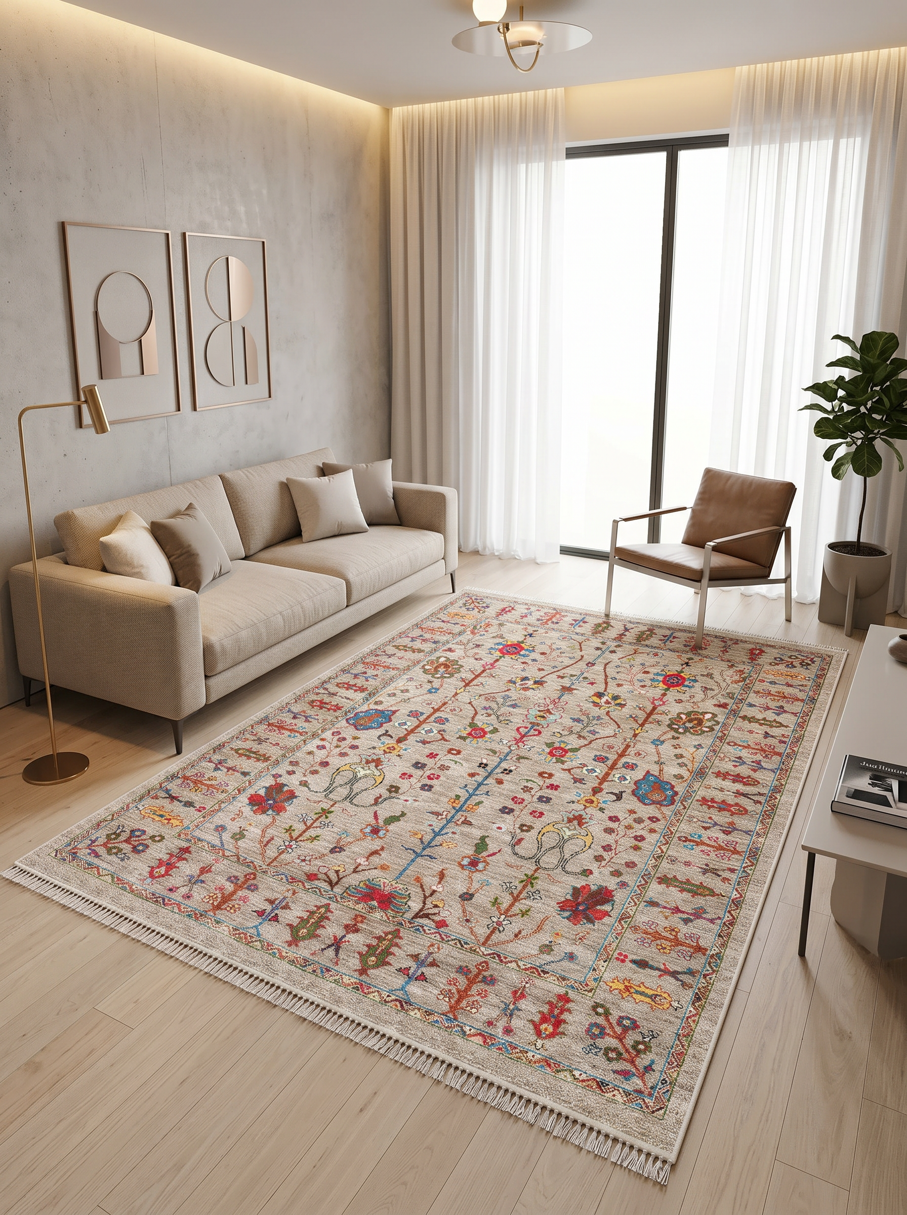yıkanabilir kaymaz taban şönil dokuma halı 200x290 (6 m²) bej; renkli