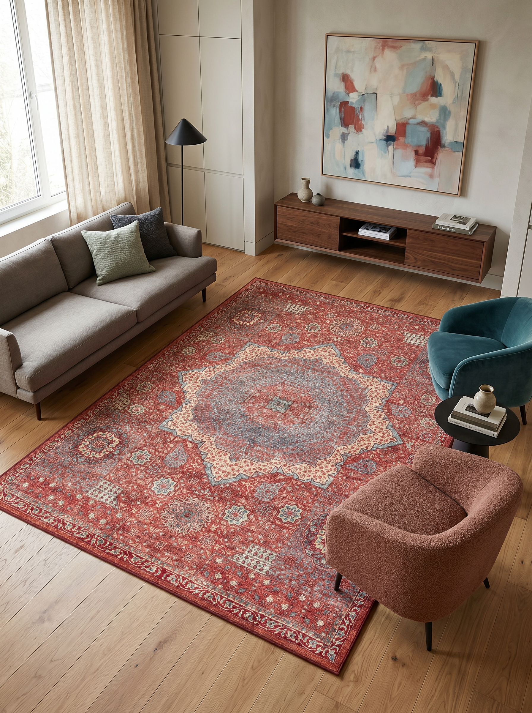 yıkanabilir kaymaz taban şönil dokuma halı 200x250 (5 m²) kirmizi; renkli