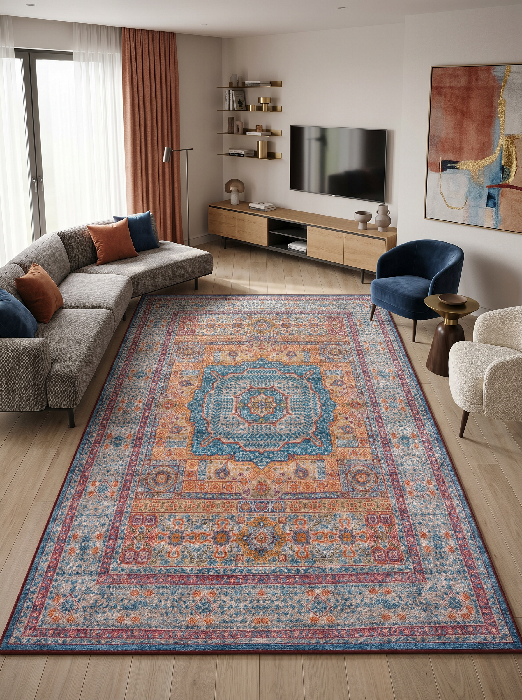 yıkanabilir kaymaz taban şönil dokuma halı 100x200 turuncu; mavi; renkli