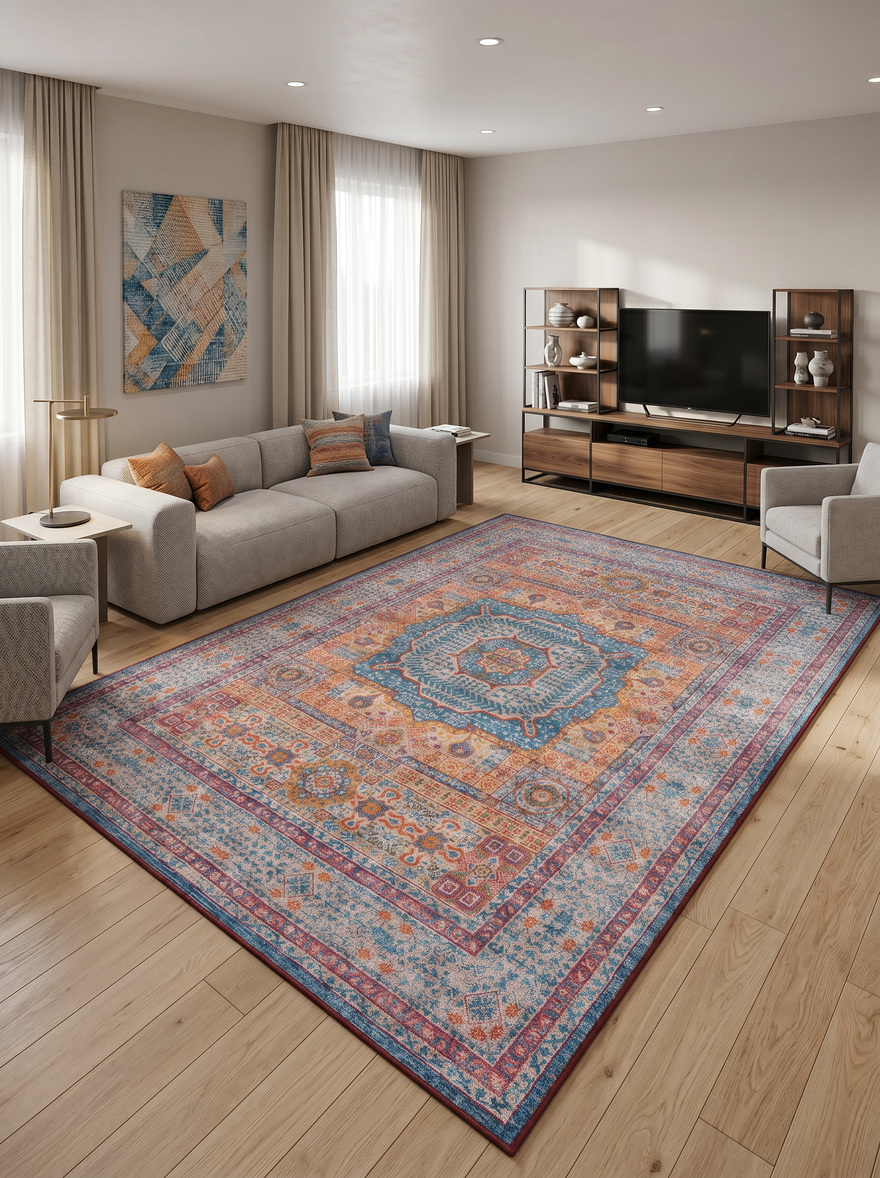 yıkanabilir kaymaz taban şönil dokuma halı 120x180 turuncu; mavi; renkli