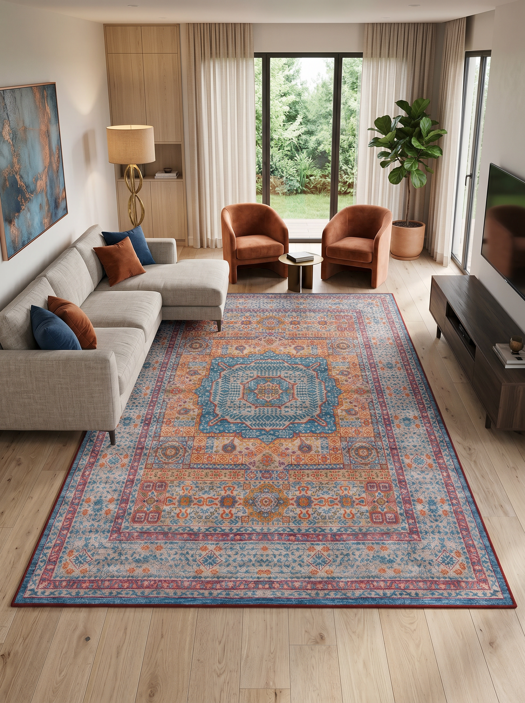 yıkanabilir kaymaz taban şönil dokuma halı 160x230 (4 m²) turuncu; mavi; renkli