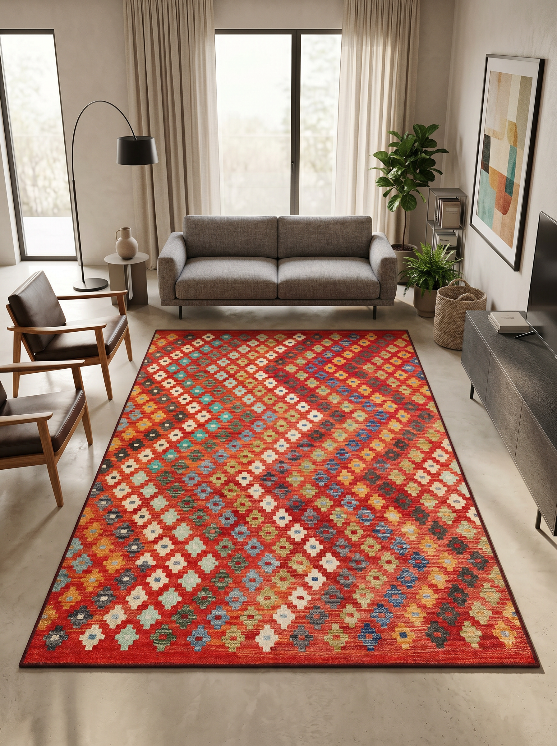 yıkanabilir kaymaz taban şönil dokuma halı 200x250 (5 m²) kirmizi; turuncu; renkli