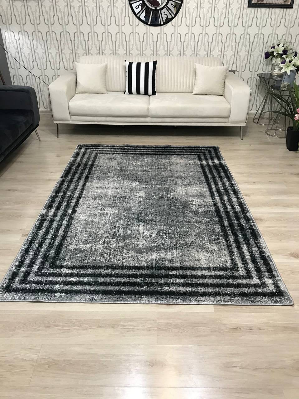 HOVEN GRİ SİYAH - Kaymaz Deri Taban Makinede Yıkanabilir Salon Oturma Odası Mutfak Halısı