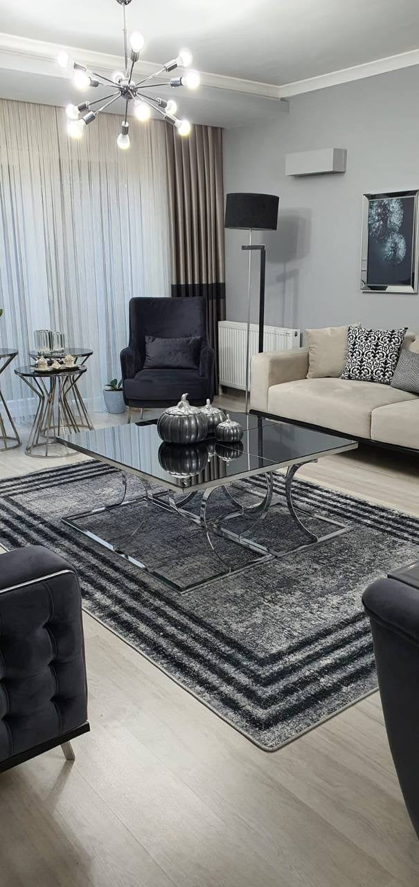 HOVEN GRİ SİYAH - Kaymaz Deri Taban Makinede Yıkanabilir Salon Oturma Odası Mutfak Halısı