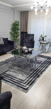 HOVEN GRİ SİYAH - Kaymaz Deri Taban Makinede Yıkanabilir Salon Oturma Odası Mutfak Halısı