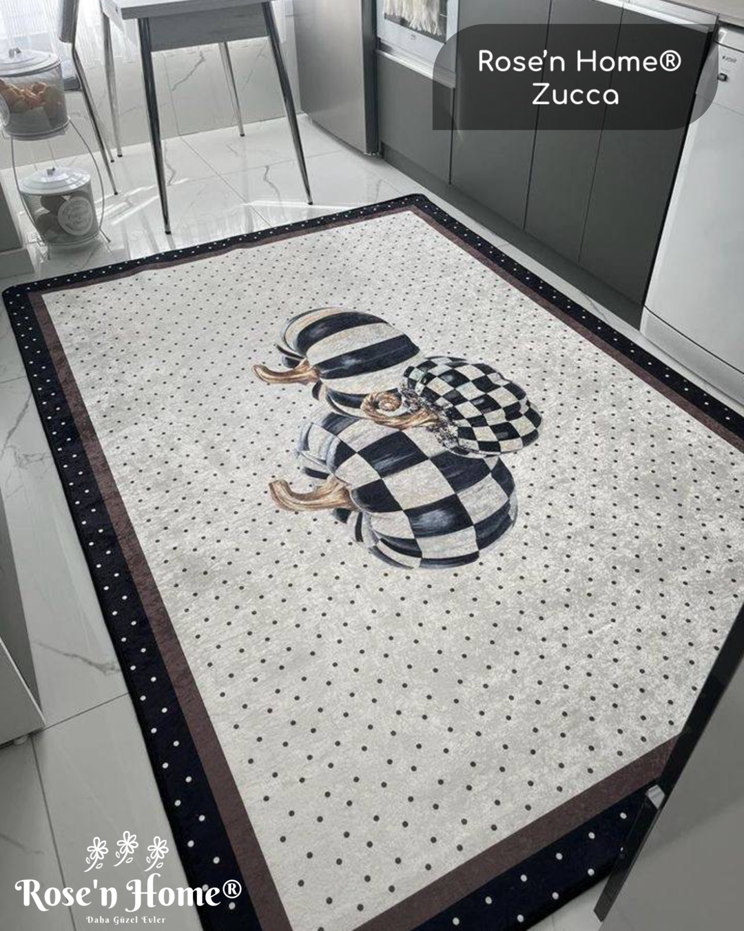 ZUCCA BLACK - Kaymaz Deri Taban Makinede Yıkanabilir Salon Oturma Odası Mutfak Halısı