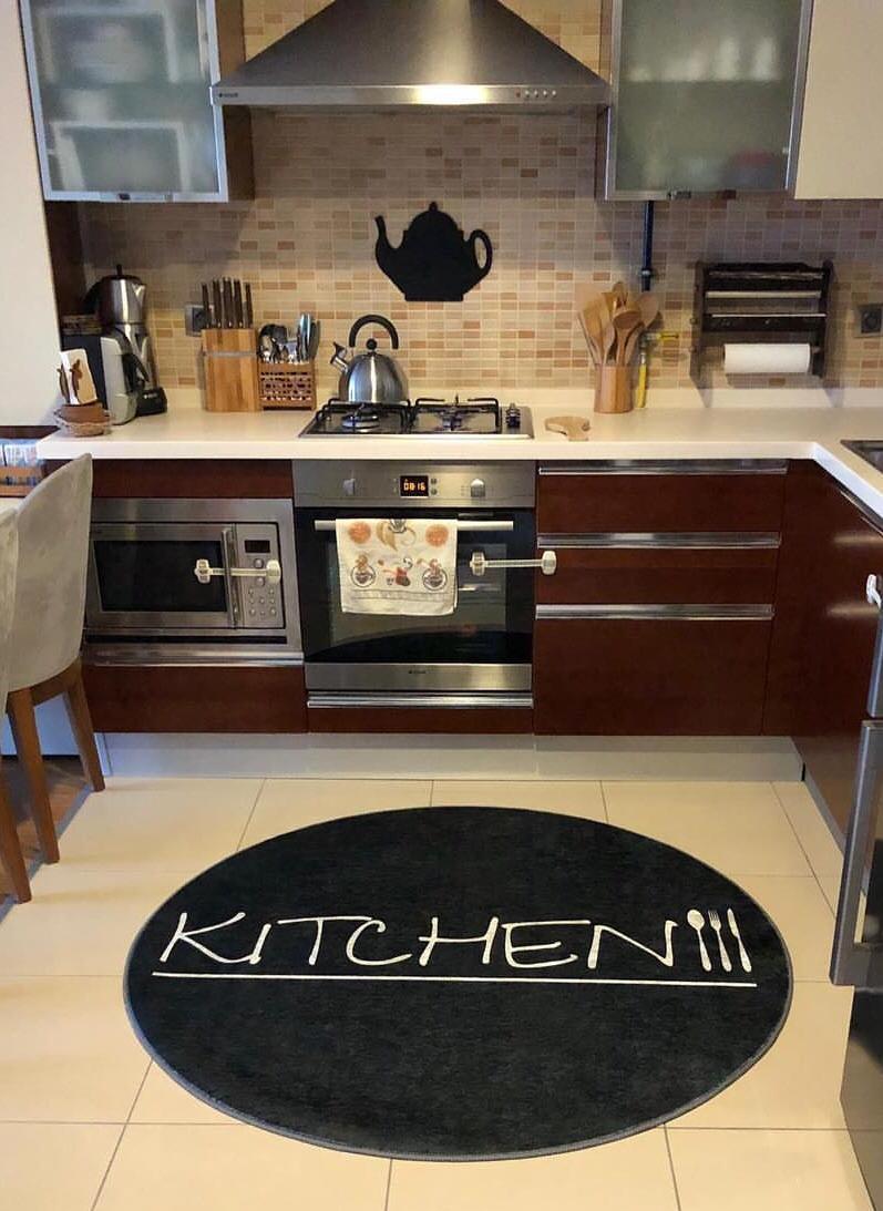 KİTCHEN SİYAH - Kaymaz Deri Taban Makinede Yıkanabilir Salon Oturma Odası Mutfak Halısı