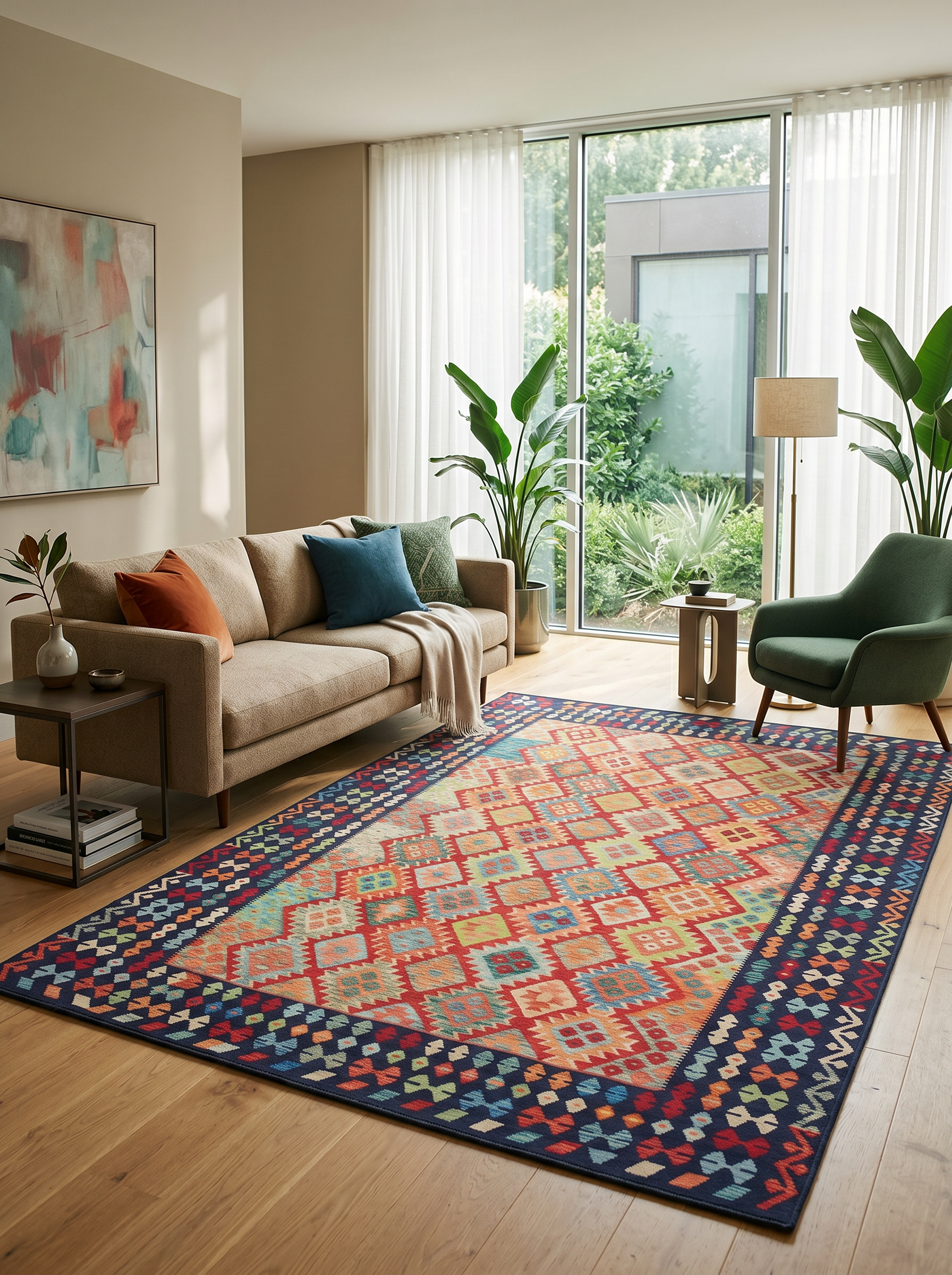 yıkanabilir kaymaz taban şönil dokuma halı 140x200 lacivert kırmızı renkli