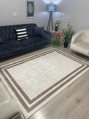 FRAME BEJ - Kaymaz Deri Taban Makinede Yıkanabilir Salon Oturma Odası Mutfak Halısı
